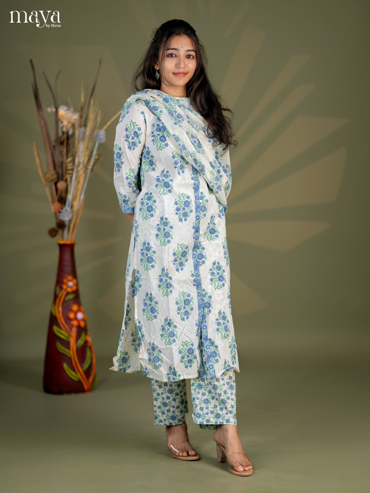 Cream with Blue Cotton 3pc Salwar Suit with Floral Print - Top, Bottom & Dupatta
