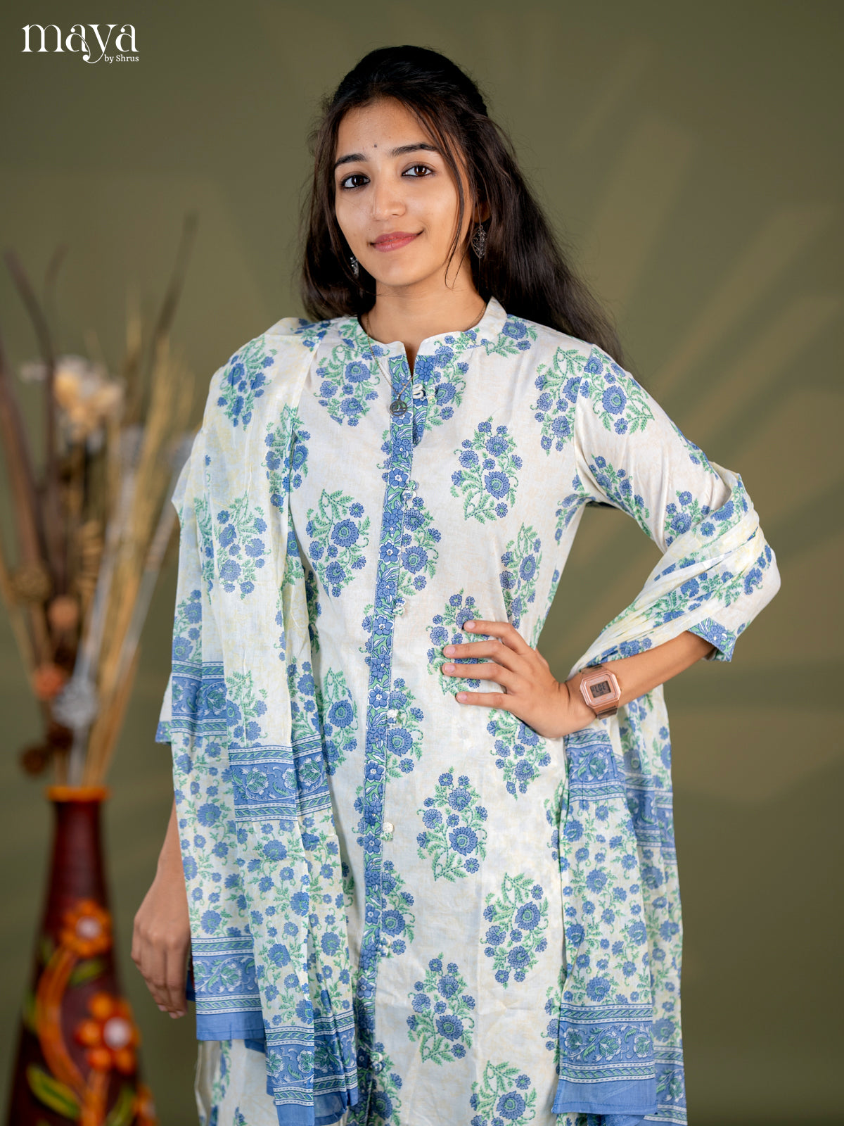 Cream with Blue Cotton 3pc Salwar Suit with Floral Print - Top, Bottom & Dupatta