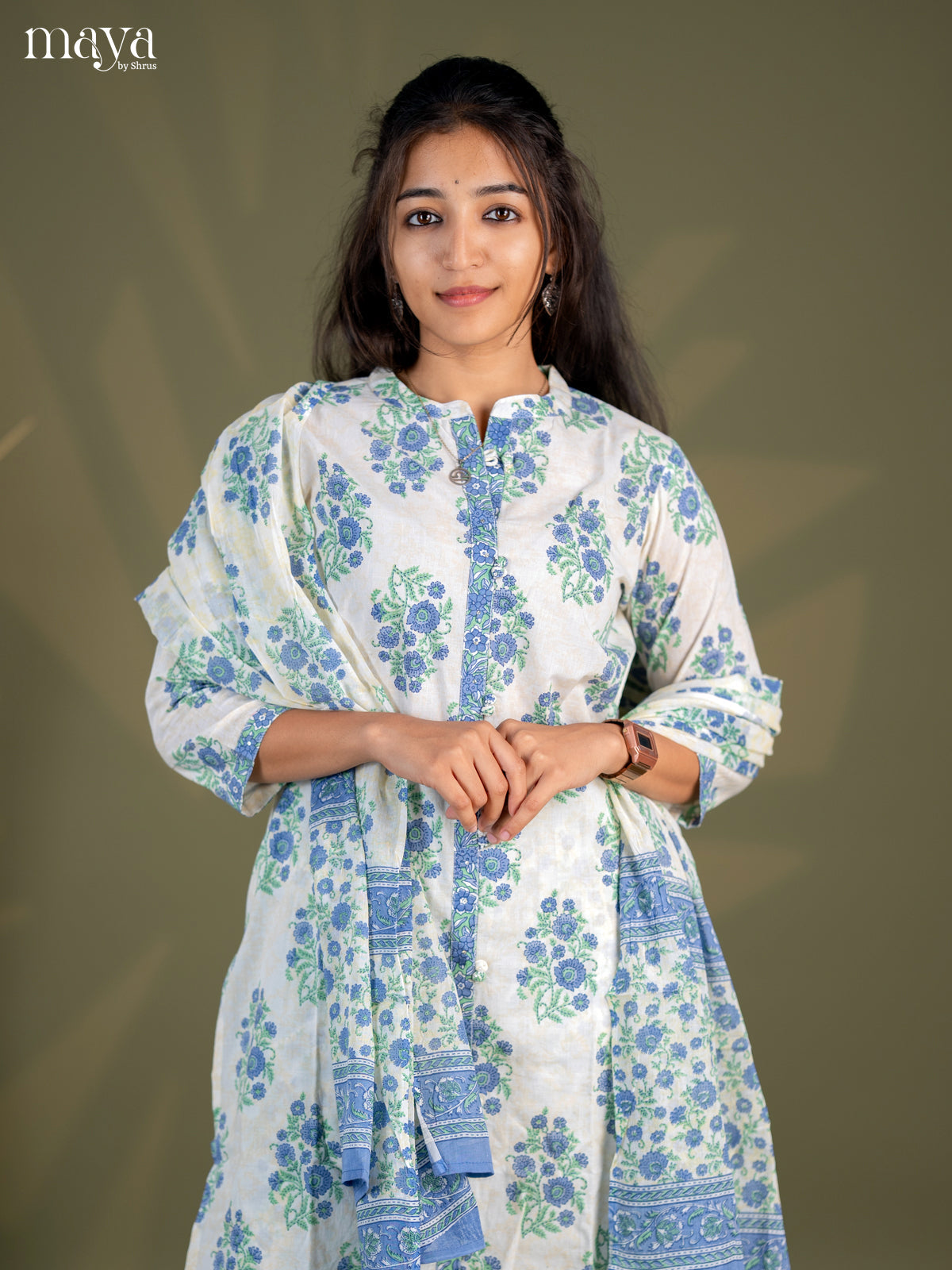 Cream with Blue Cotton 3pc Salwar Suit with Floral Print - Top, Bottom & Dupatta
