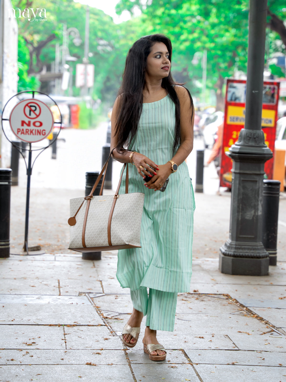 Pista Green Cotton 2pc Striped Salwar Suit - Top & Bottom