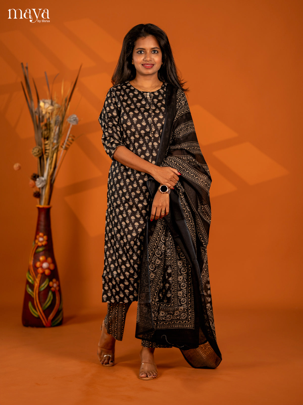 Black Cotton 3pc Salwar Suit with Floral Print - Top, Bottom & Dupatta