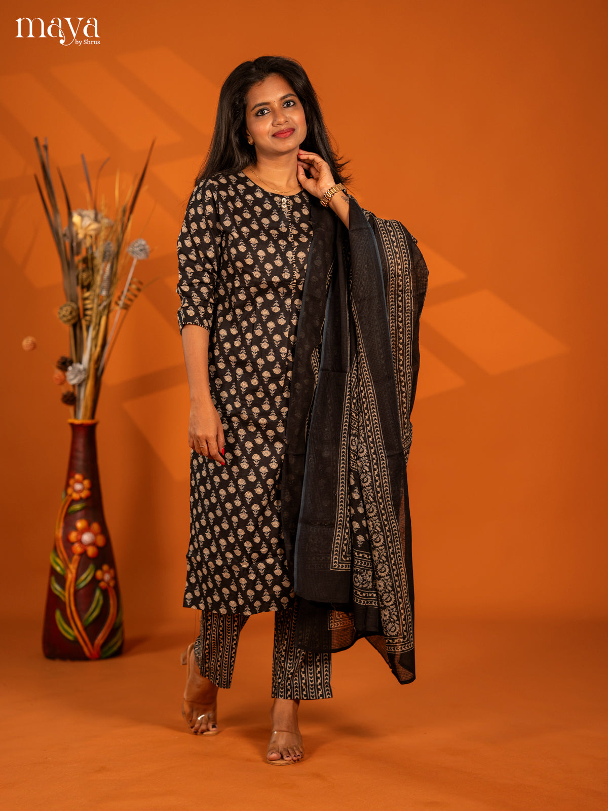 Black Cotton 3pc Salwar Suit with Floral Print - Top, Bottom & Dupatta