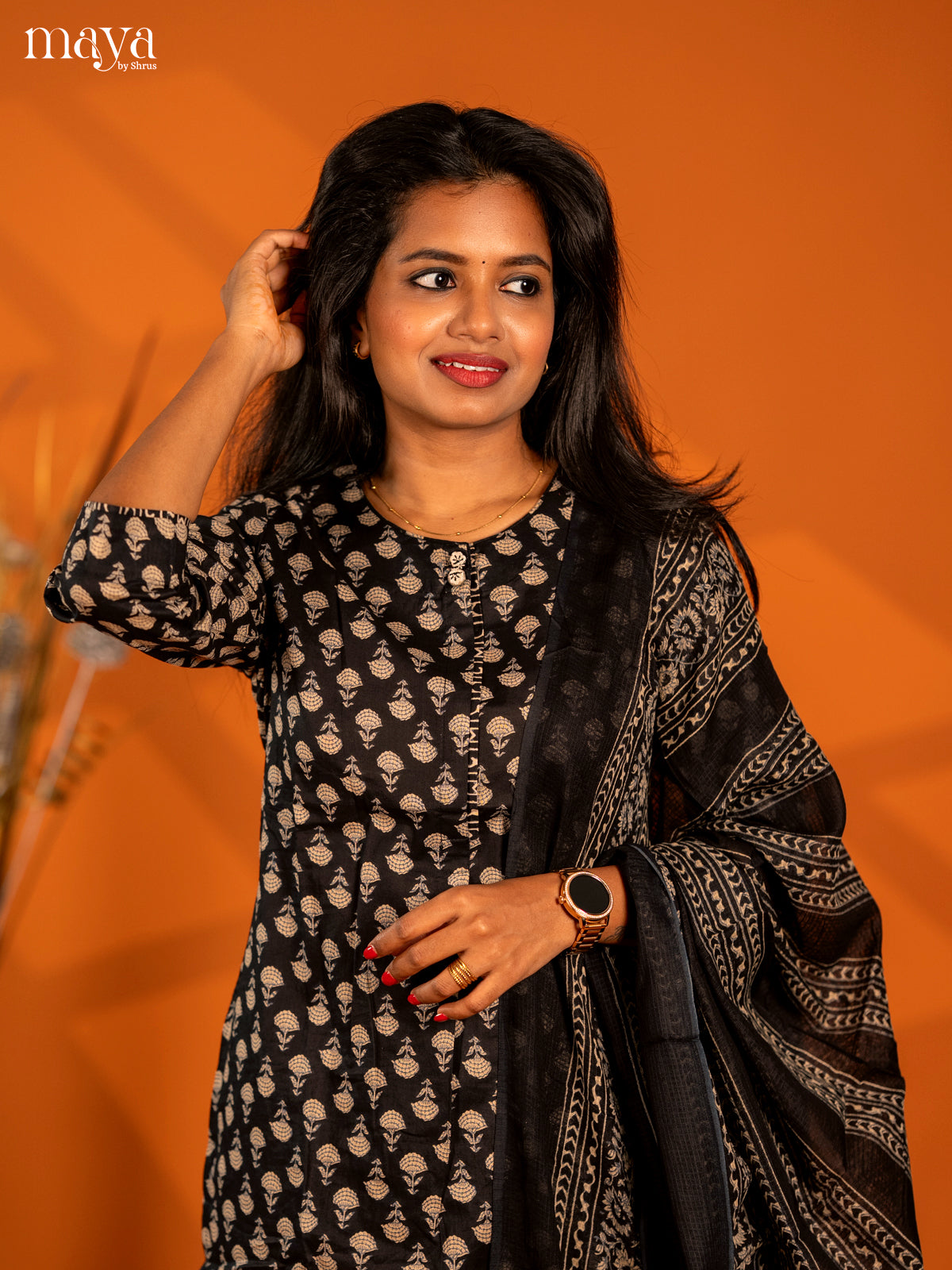 Black Cotton 3pc Salwar Suit with Floral Print - Top, Bottom & Dupatta