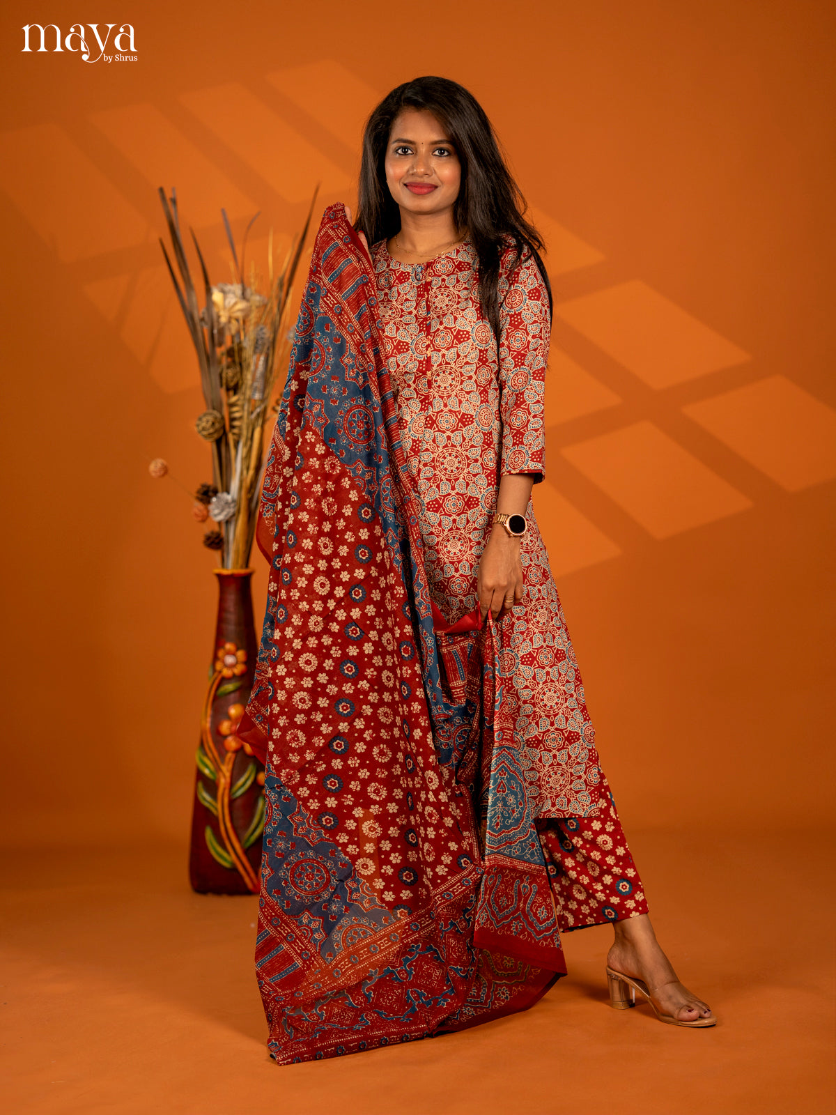 Dark Red Cotton 3pc Salwar Suit with Ajrakh Print - Top, Bottom & Dupatta