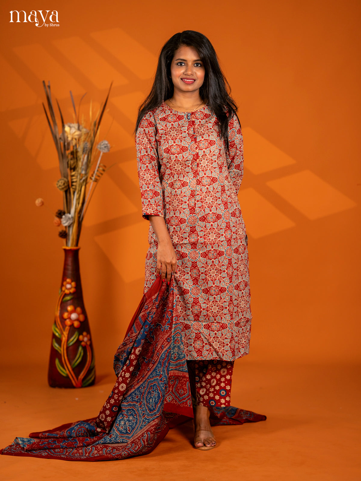 Dark Red Cotton 3pc Salwar Suit with Ajrakh Print - Top, Bottom & Dupatta