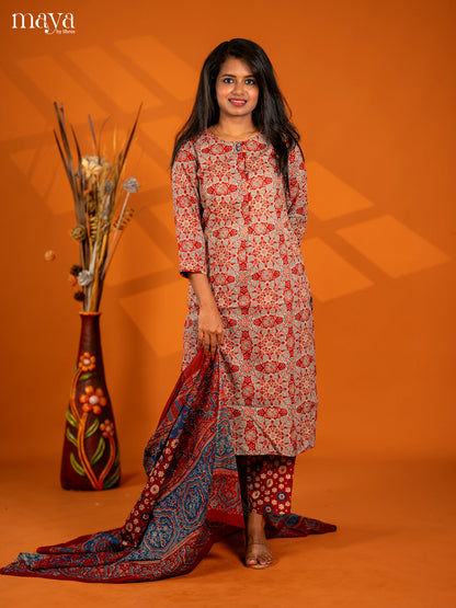 Dark Red Cotton 3pc Salwar Suit with Ajrakh Print - Top, Bottom & Dupatta