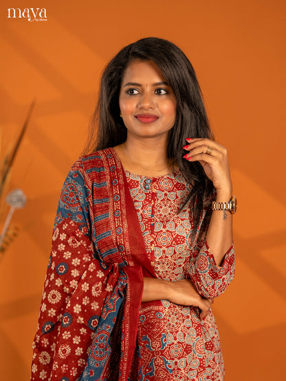 Dark Red Cotton 3pc Salwar Suit with Ajrakh Print - Top, Bottom & Dupatta