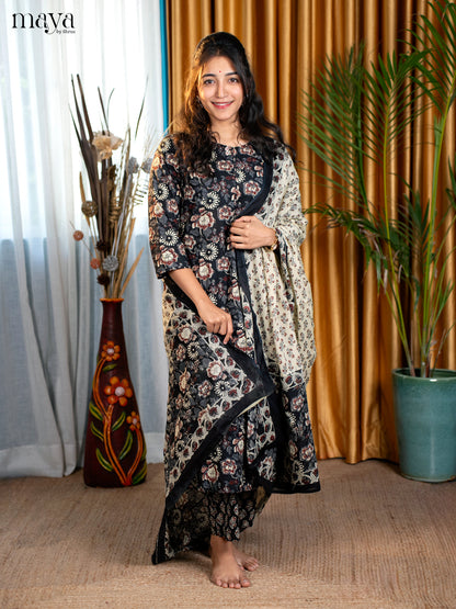 Black Cotton 3pc Salwar Suit with Floral Print - Top, Bottom & Dupatta