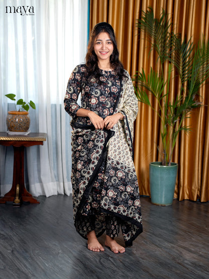 Black Cotton 3pc Salwar Suit with Floral Print - Top, Bottom & Dupatta