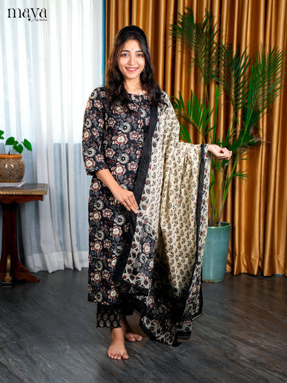 Black Cotton 3pc Salwar Suit with Floral Print - Top, Bottom & Dupatta