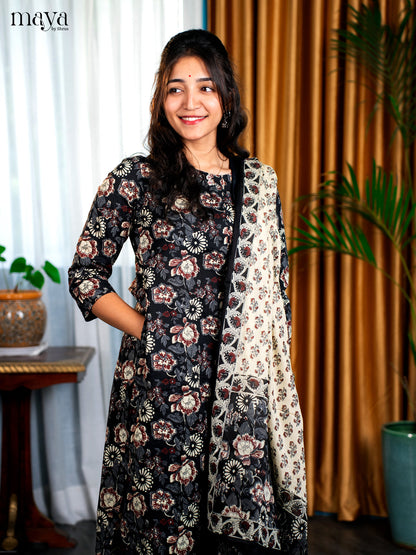 Black Cotton 3pc Salwar Suit with Floral Print - Top, Bottom & Dupatta