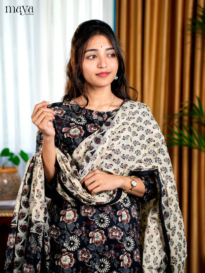 Black Cotton 3pc Salwar Suit with Floral Print - Top, Bottom & Dupatta