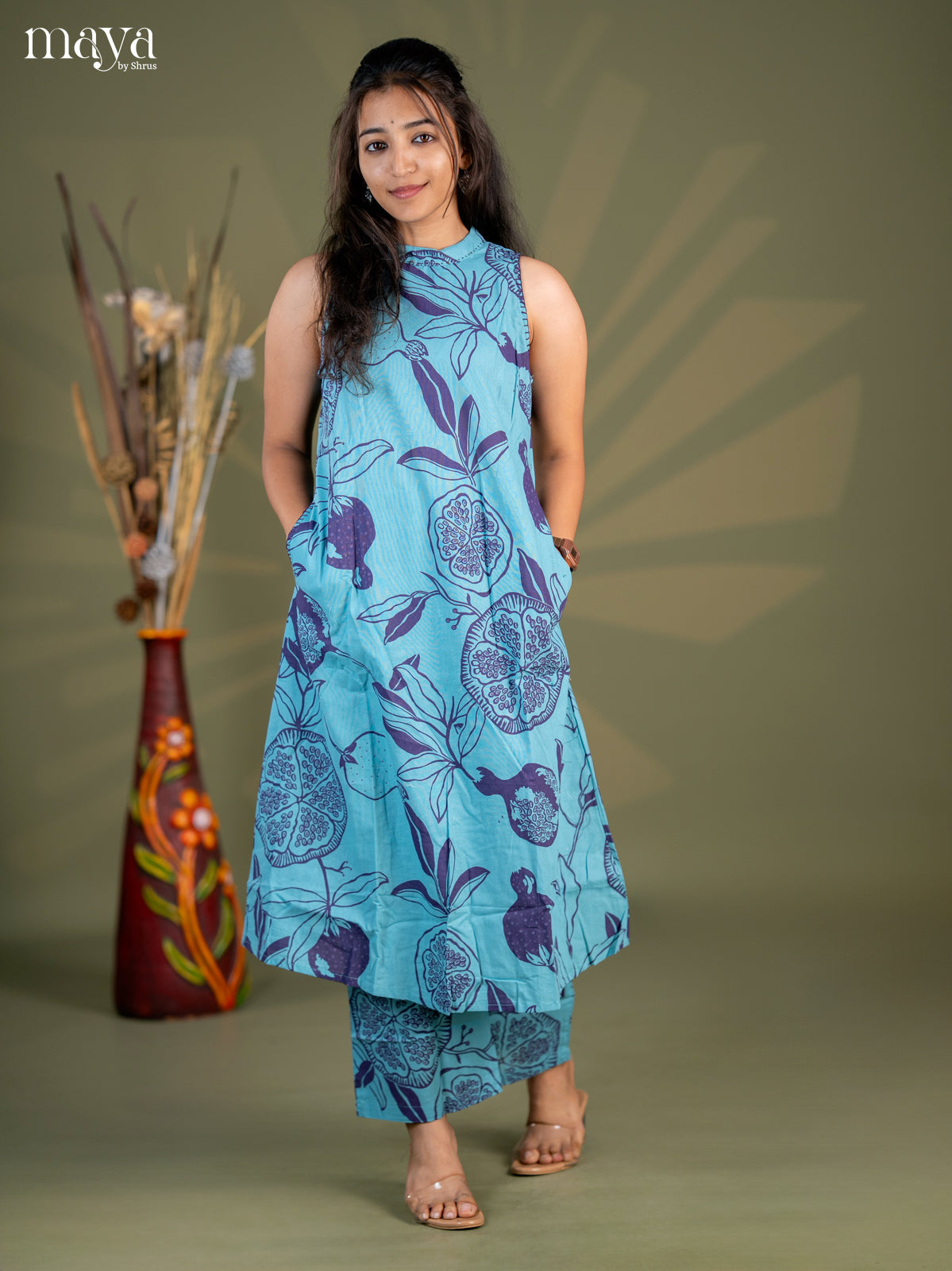 Blue Cotton 2pc Floral Print Salwar Suit -Top & Bottom