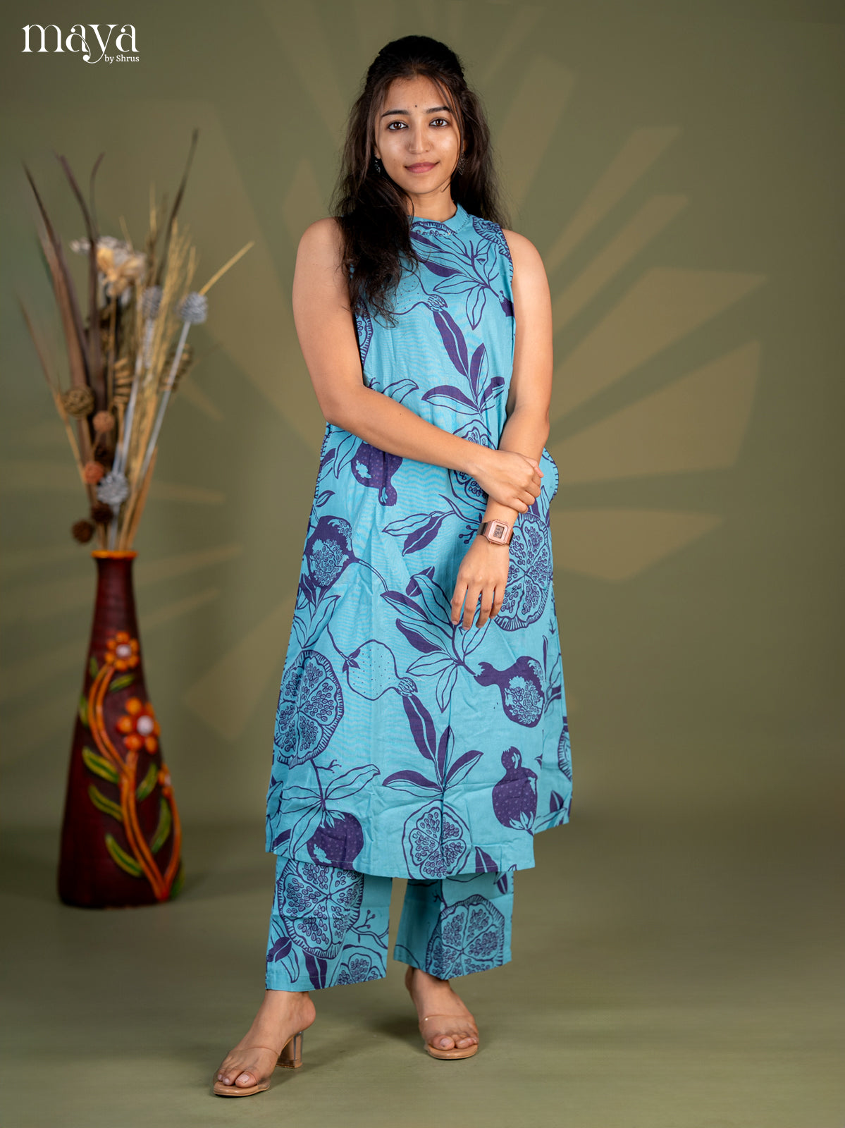 Blue Cotton 2pc Floral Print Salwar Suit -Top & Bottom