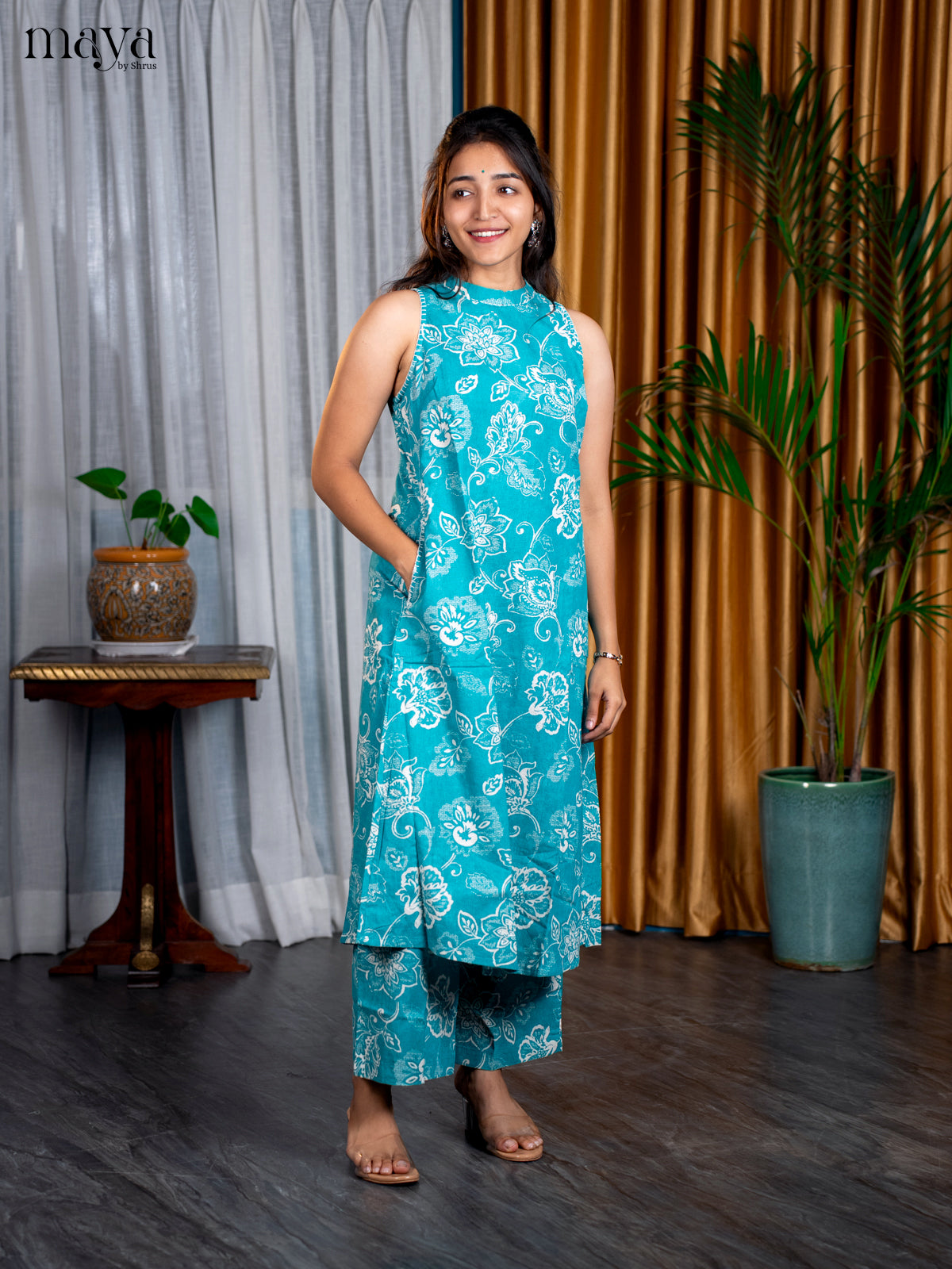 Teal Green Cotton 2pc Floral Print Salwar Suit - Top & Bottom