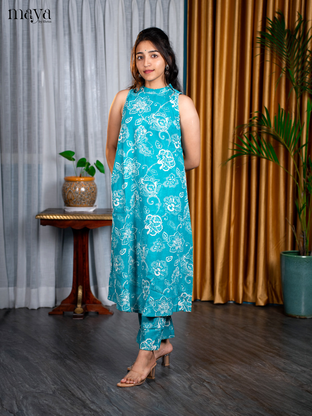 Teal Green Cotton 2pc Floral Print Salwar Suit - Top & Bottom
