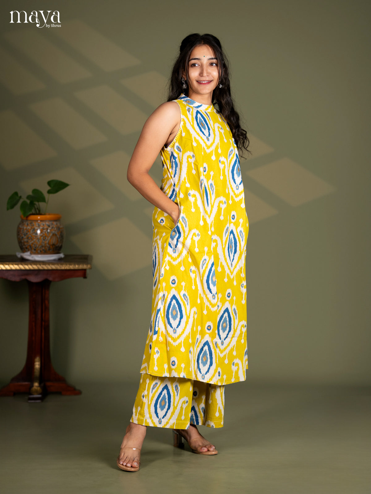 Lemon Yellow Cotton Ikat Print Salwar Suit - Top & Bottom