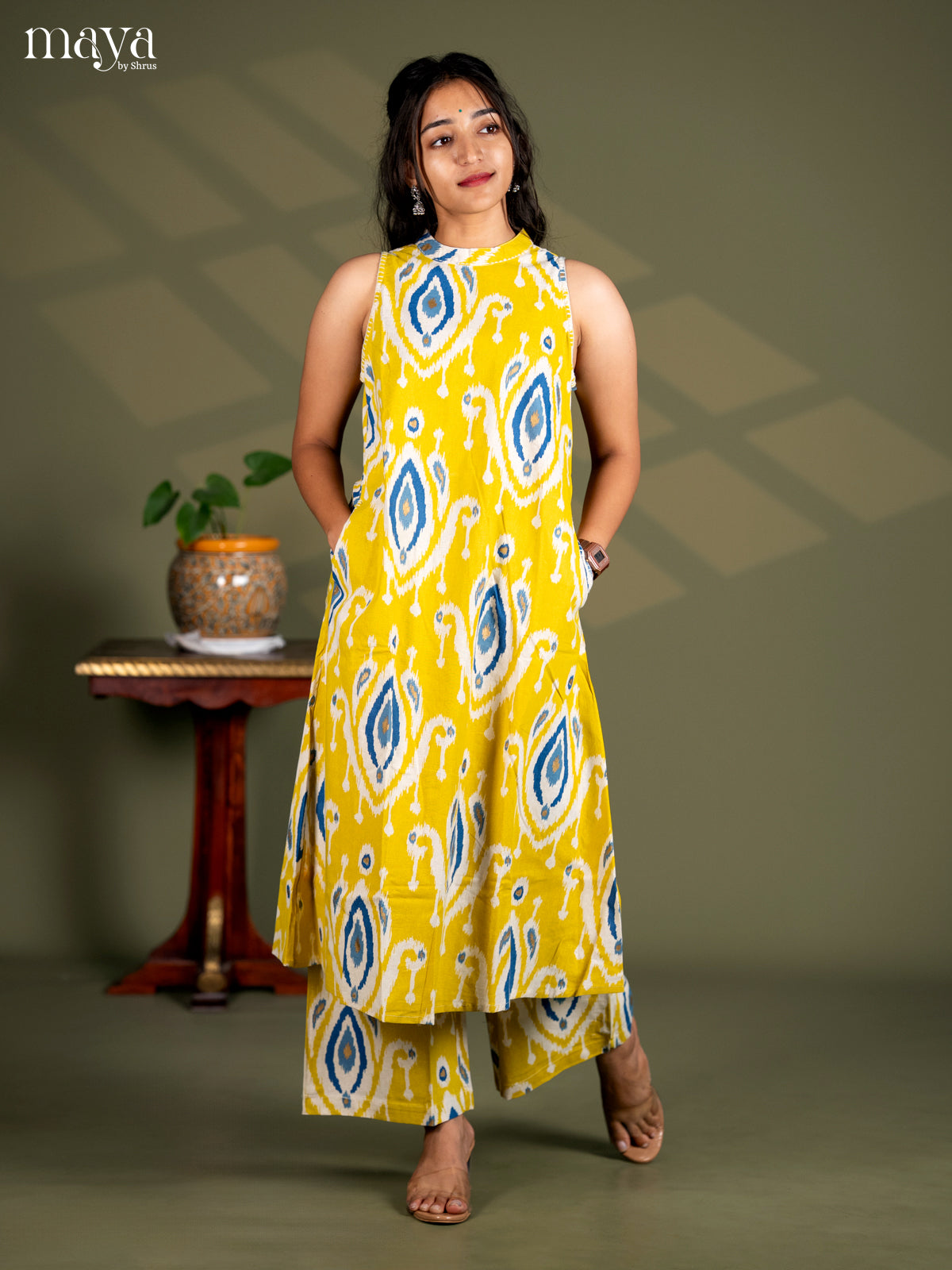 Lemon Yellow Cotton Ikat Print Salwar Suit - Top & Bottom