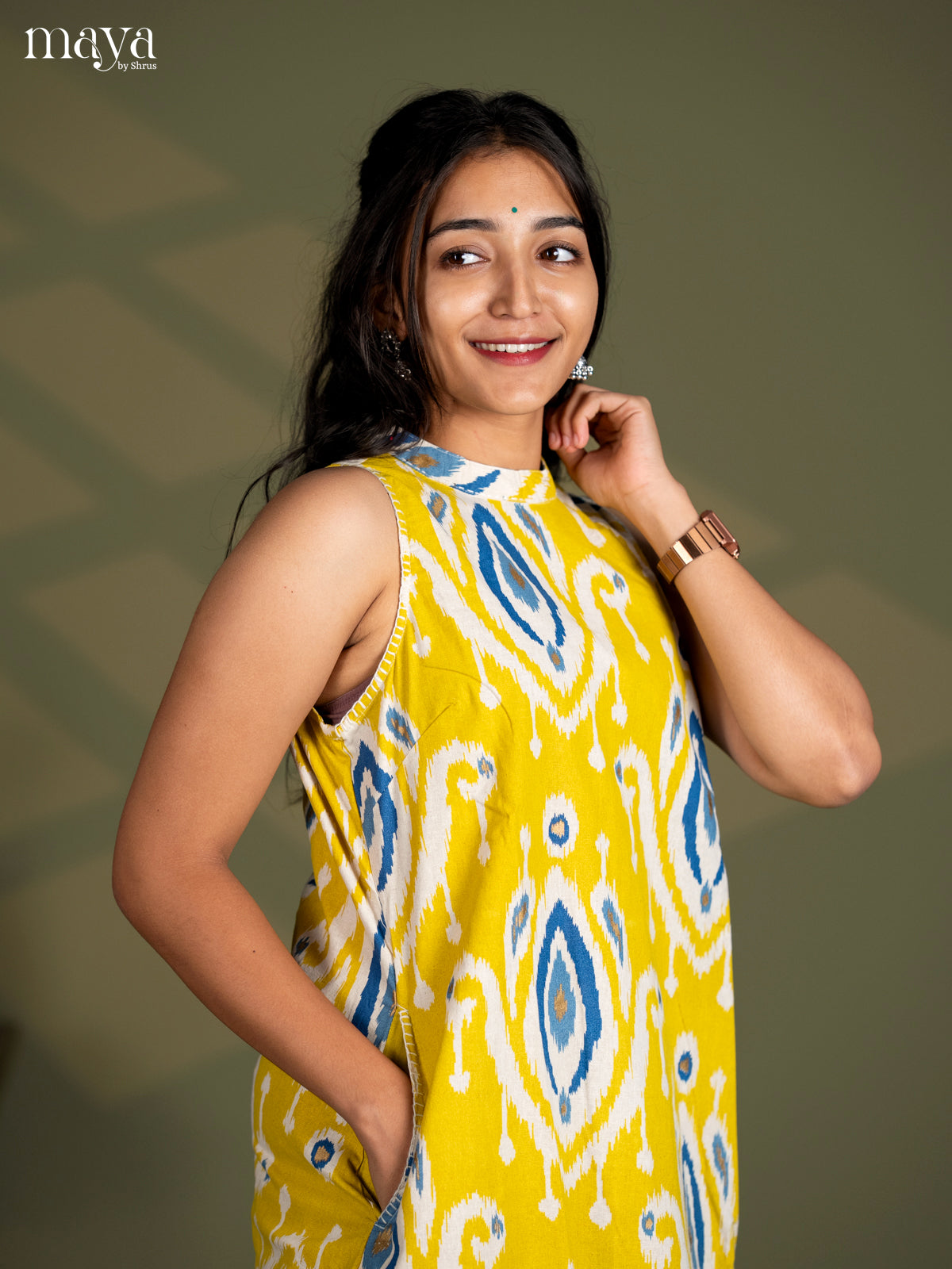 Lemon Yellow Cotton Ikat Print Salwar Suit - Top & Bottom