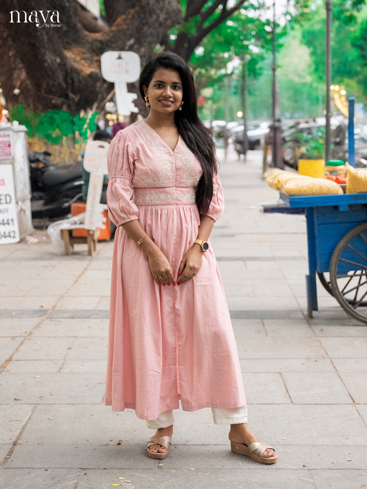 Embroidered Baby Pink Cotton Anarkali Kurti