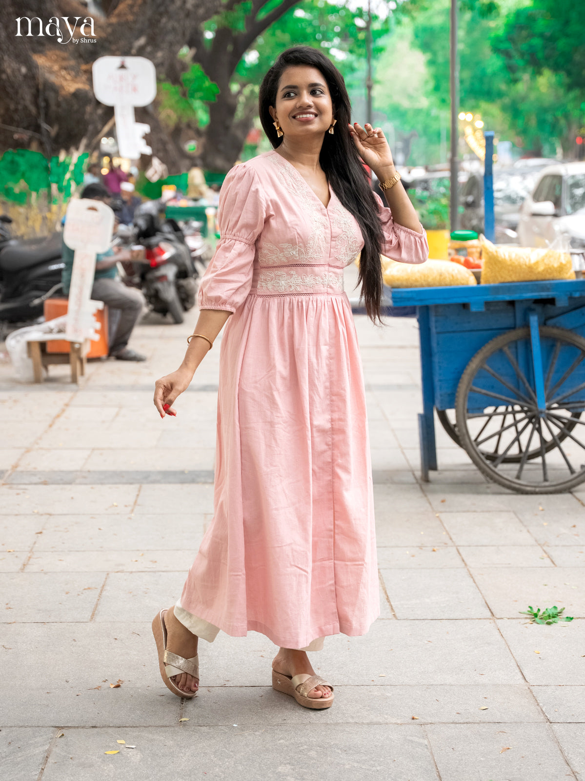 Embroidered Baby Pink Cotton Anarkali Kurti
