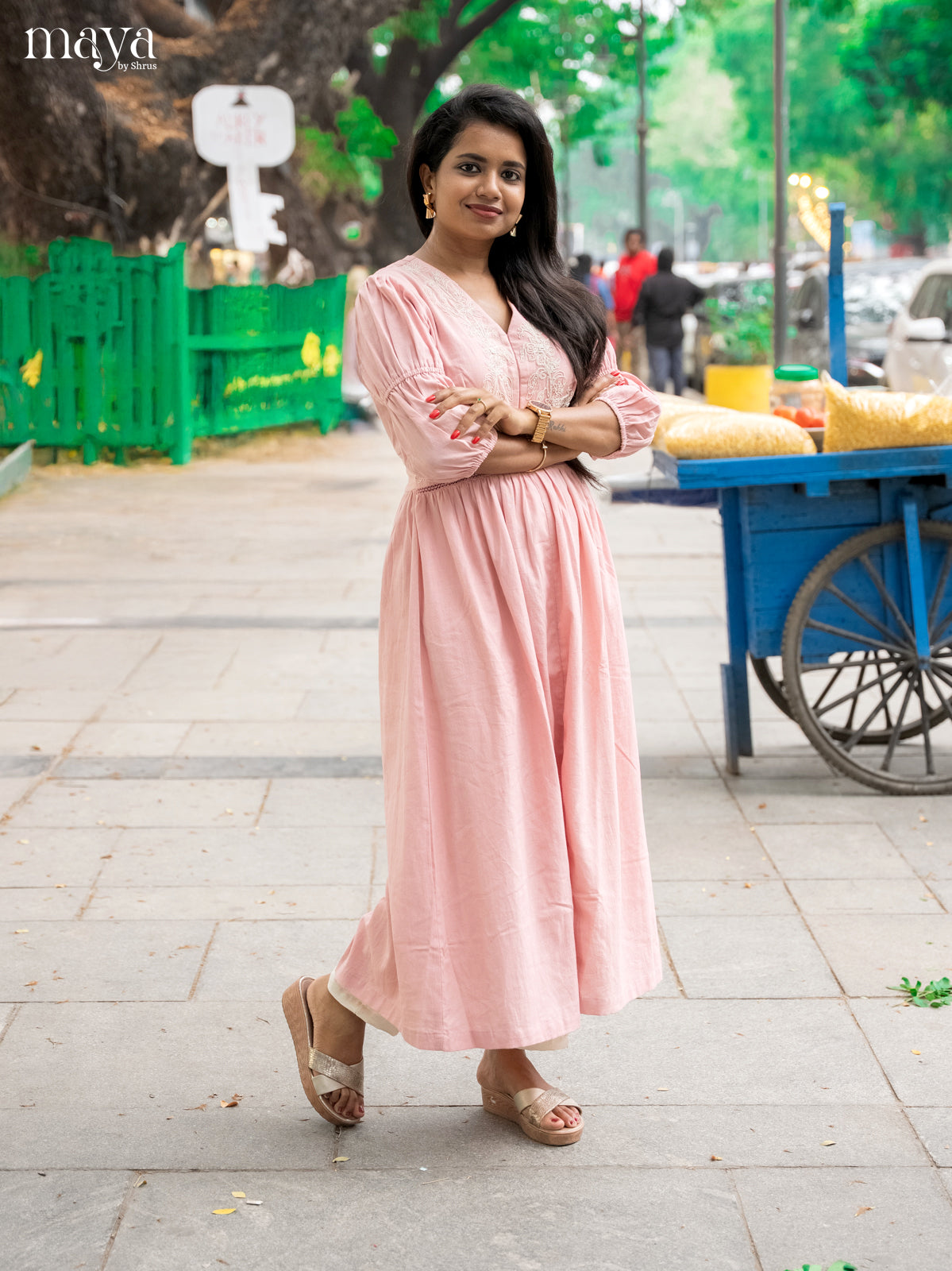 Embroidered Baby Pink Cotton Anarkali Kurti