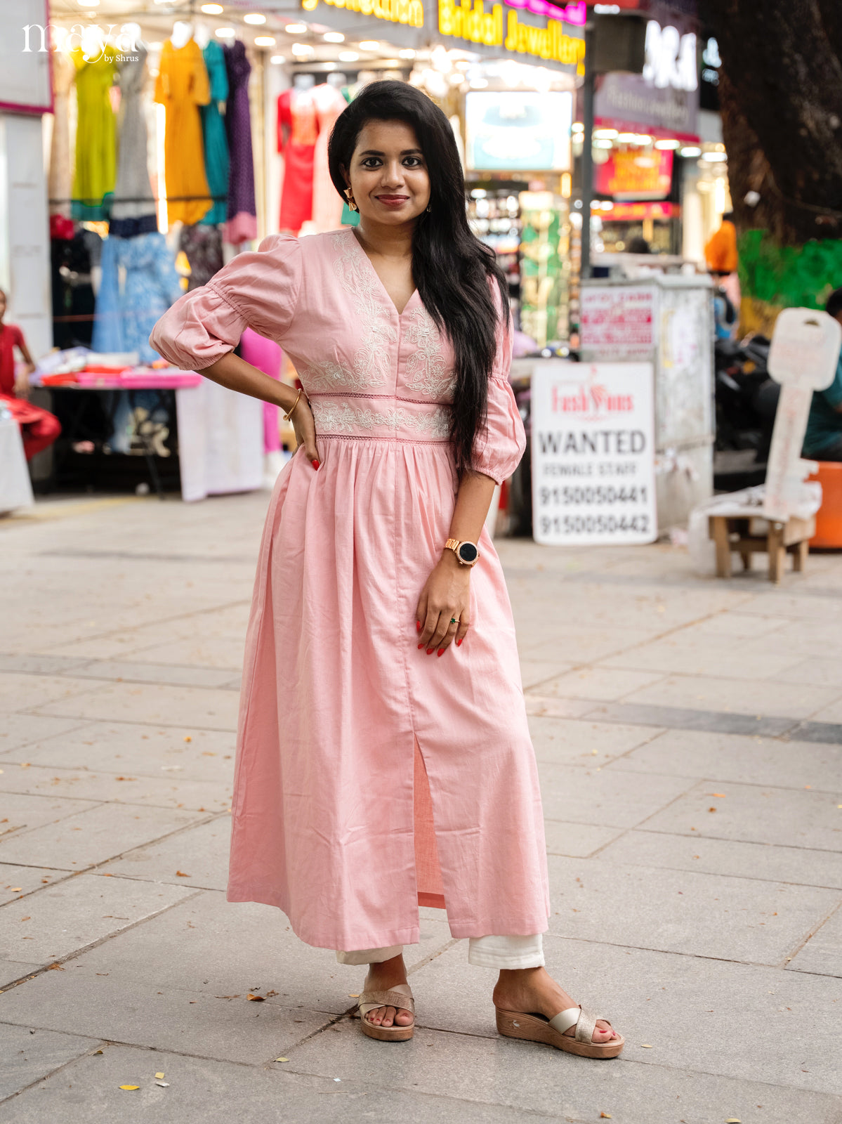 Embroidered Baby Pink Cotton Anarkali Kurti