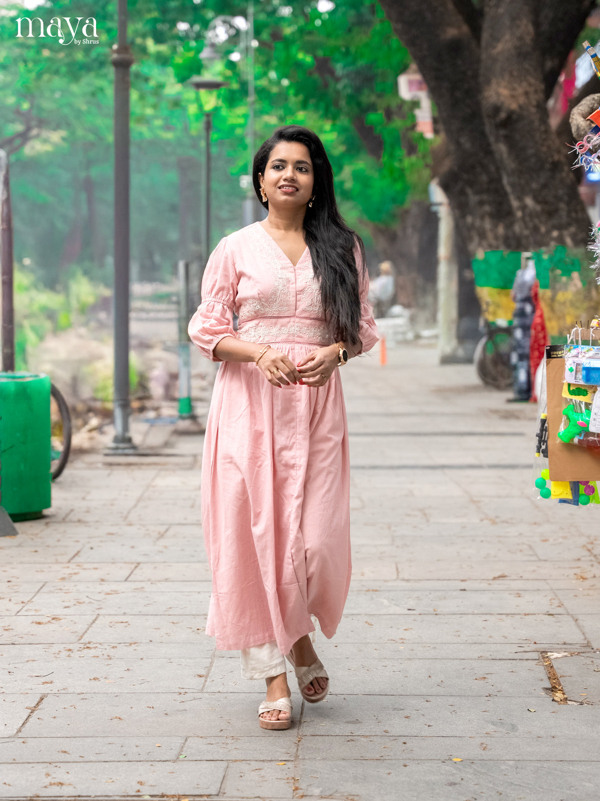 Embroidered Baby Pink Cotton Anarkali Kurti