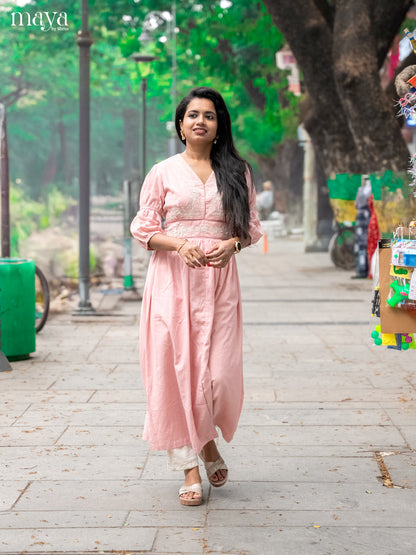 Embroidered Baby Pink Cotton Anarkali Kurti