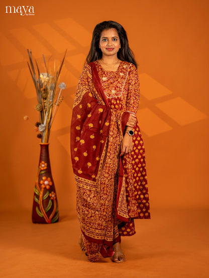 Maroon Cotton 3pc Salwar Suit with Floral Print - Top, Botton & Dupatta