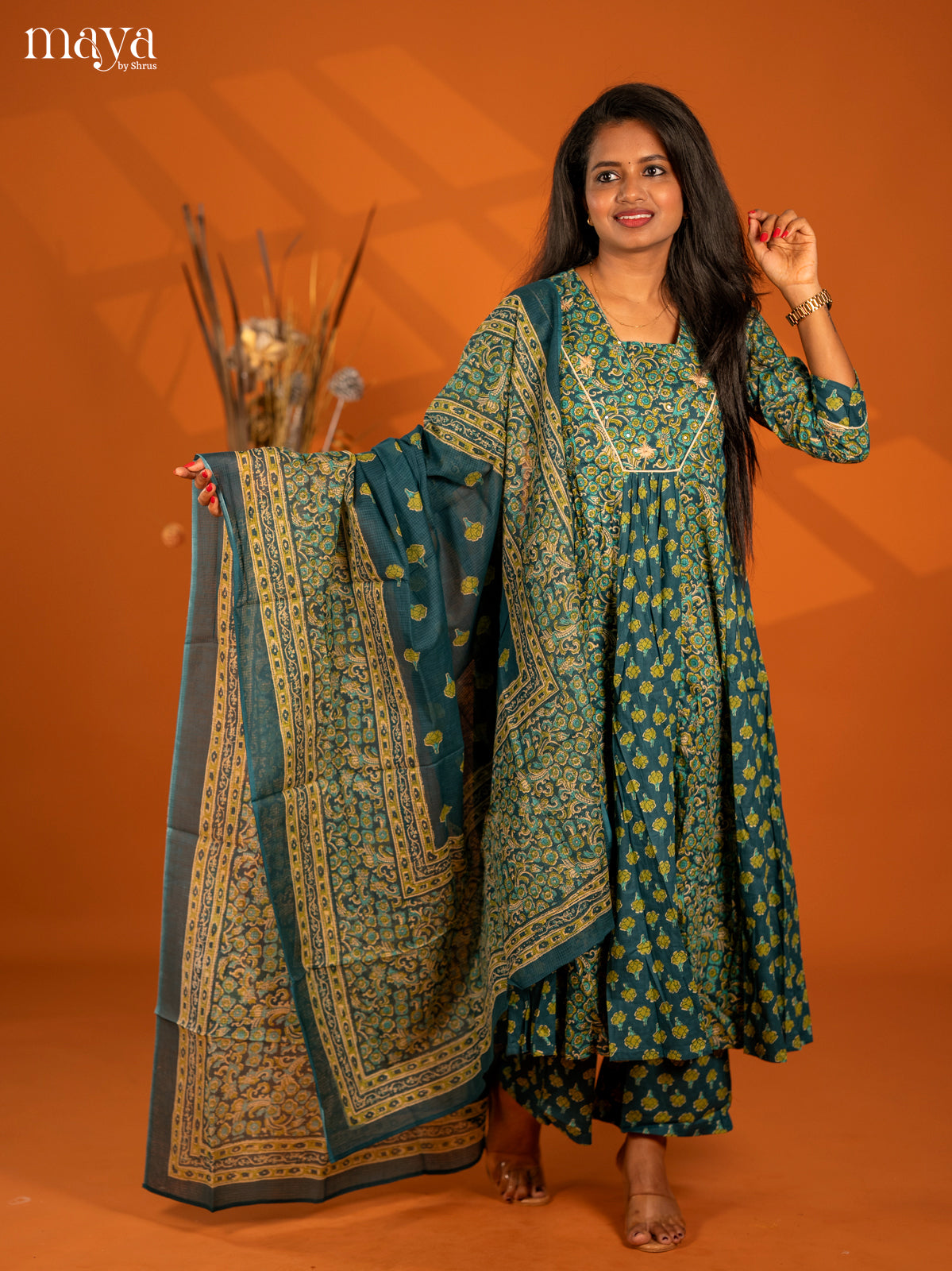 Peacock Blue Cotton 3pc Salwar Suit with Floral Print - Top, Bottom & Dupatta