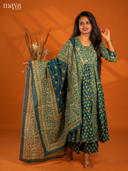 Peacock Blue Cotton 3pc Salwar Suit with Floral Print - Top, Bottom & Dupatta