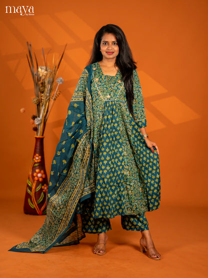Peacock Blue Cotton 3pc Salwar Suit with Floral Print - Top, Bottom & Dupatta