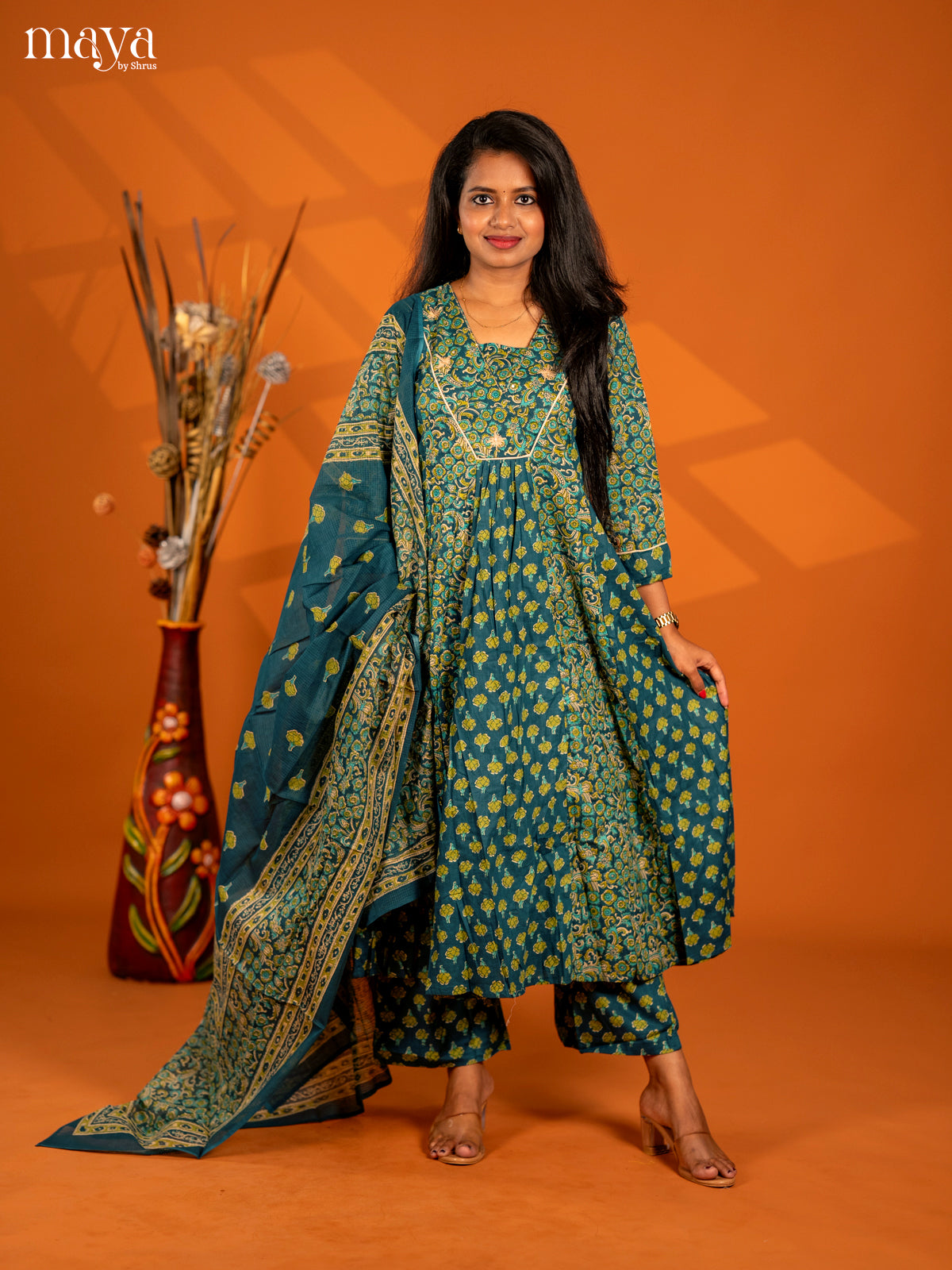 Peacock Blue Cotton 3pc Salwar Suit with Floral Print - Top, Bottom & Dupatta