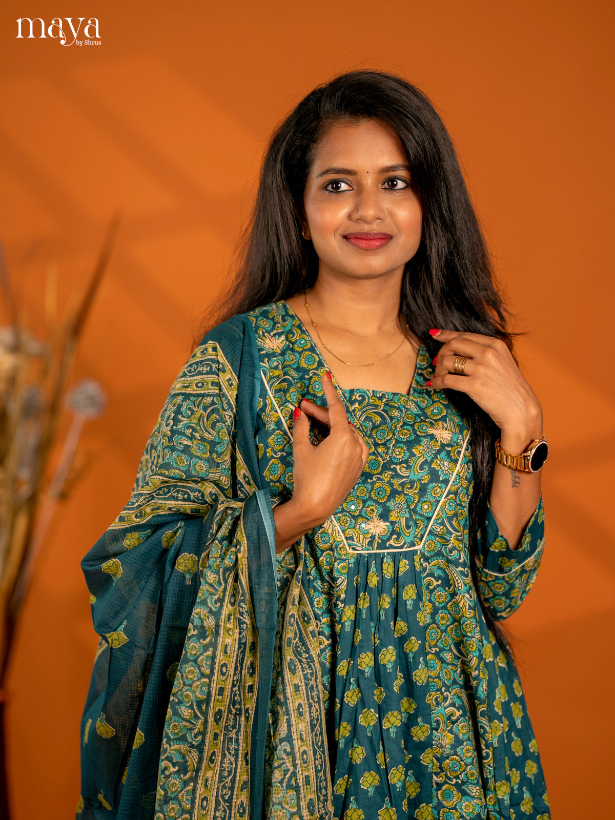 Peacock Blue Cotton 3pc Salwar Suit with Floral Print - Top, Bottom & Dupatta