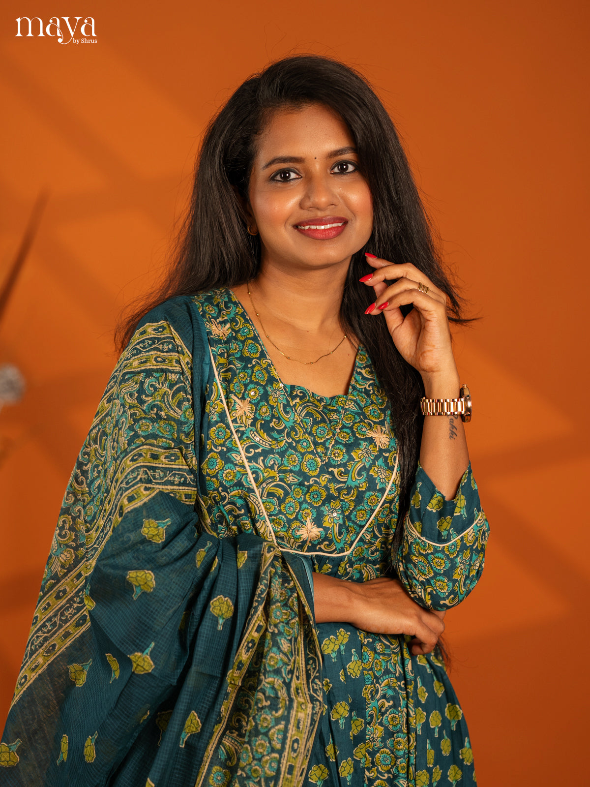 Peacock Blue Cotton 3pc Salwar Suit with Floral Print - Top, Bottom & Dupatta