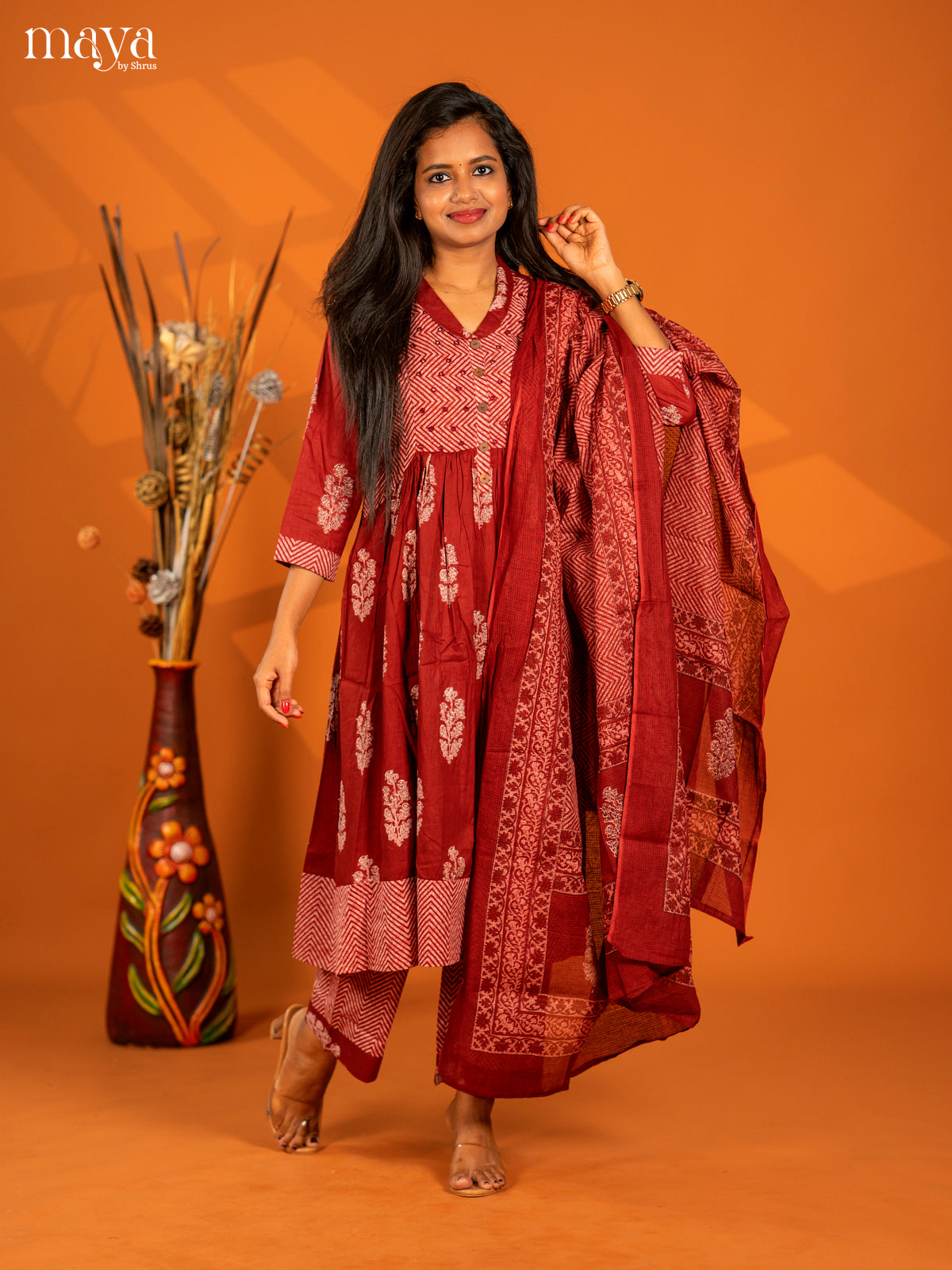Maroon Cotton 3pc Salwar Suit with Floral Print - Top, Botton & Dupatta