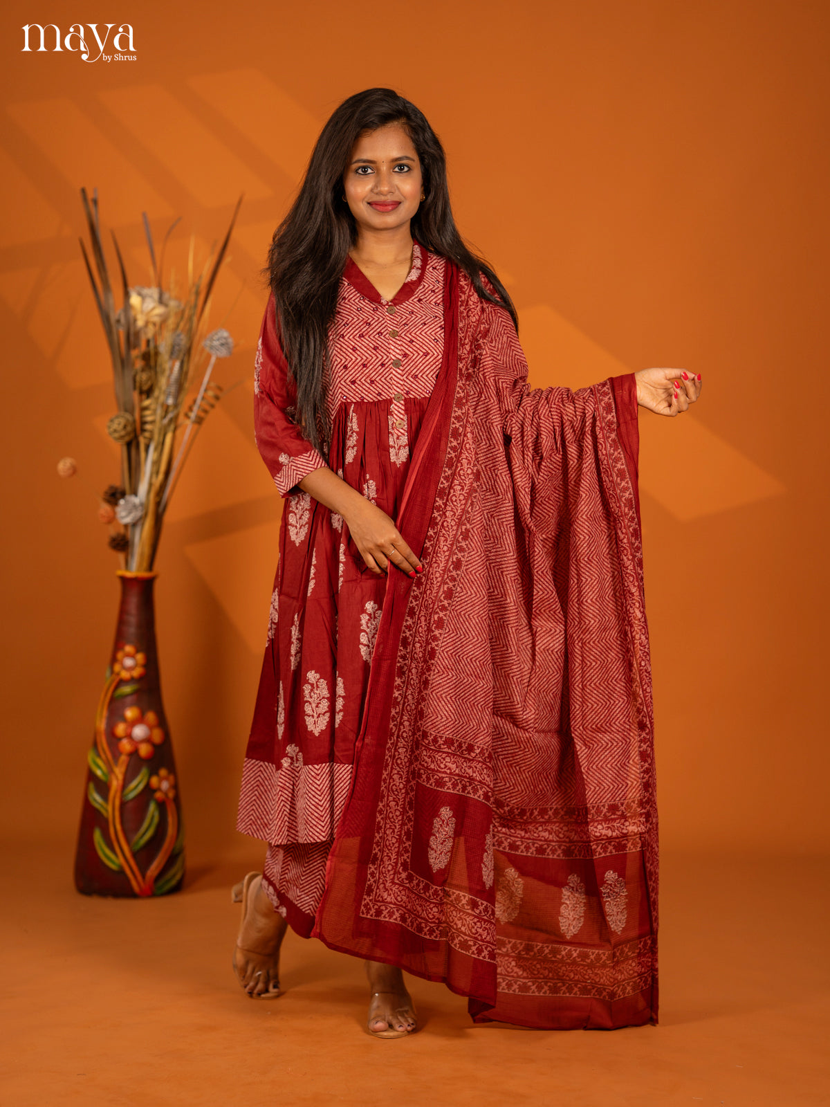 Maroon Cotton 3pc Salwar Suit with Floral Print - Top, Botton & Dupatta