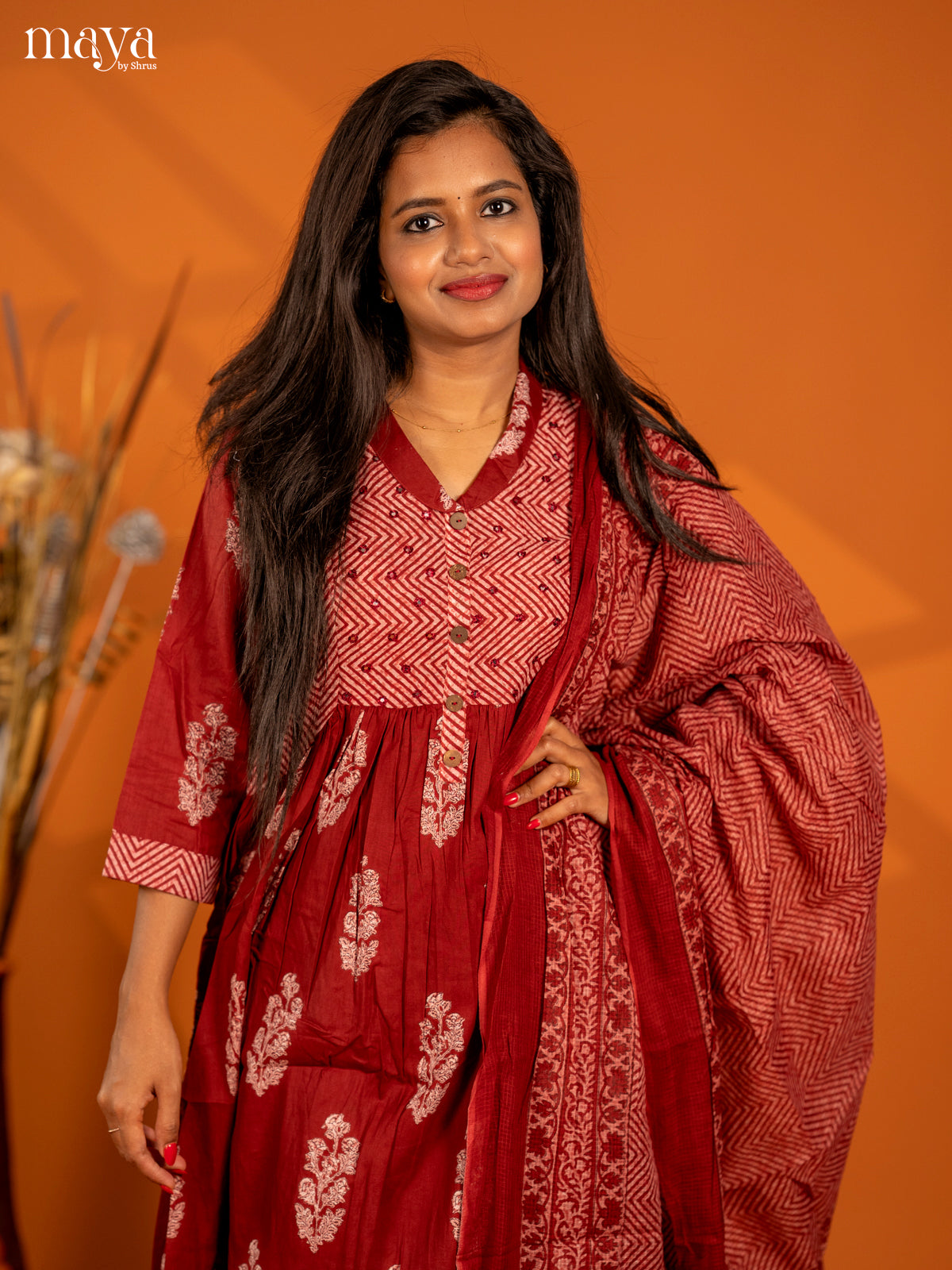 Maroon Cotton 3pc Salwar Suit with Floral Print - Top, Botton & Dupatta