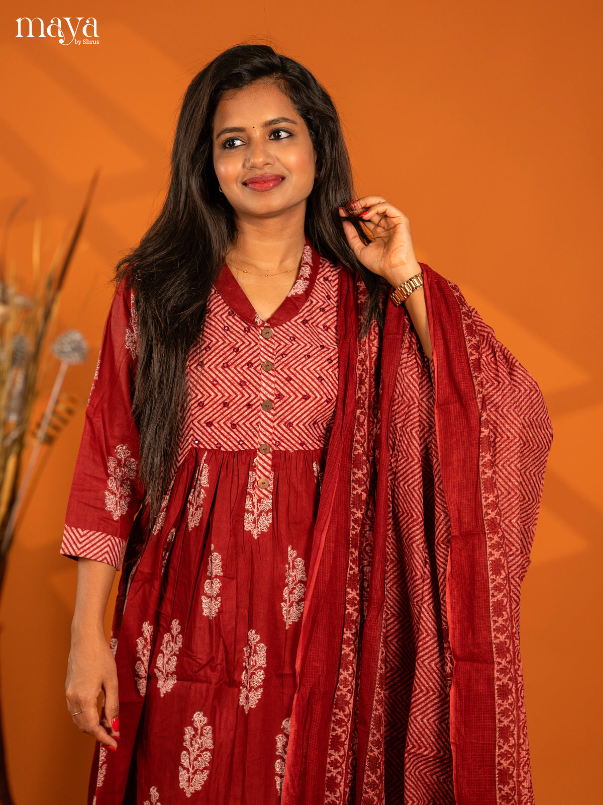 Maroon Cotton 3pc Salwar Suit with Floral Print - Top, Botton & Dupatta