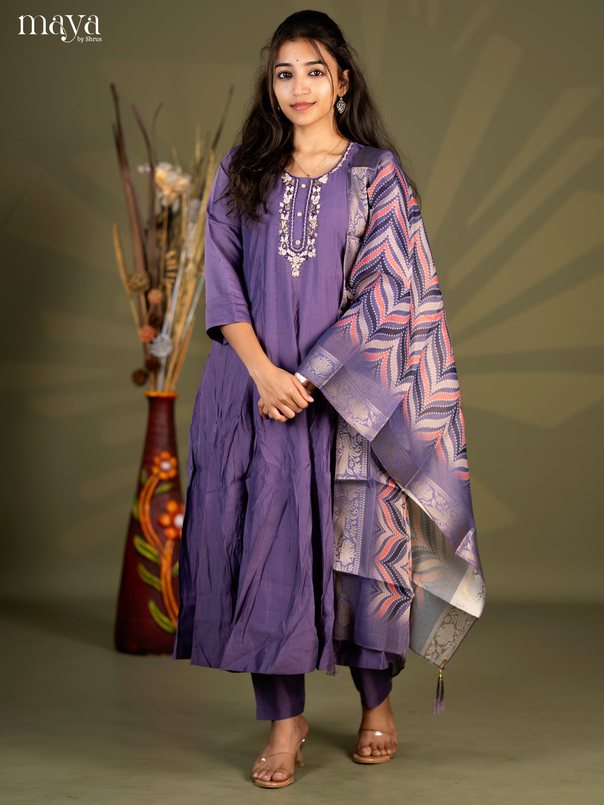 Embroidered Rayon 3Pc Lavender Salwar Suit - Top, Bottom & Dupatta