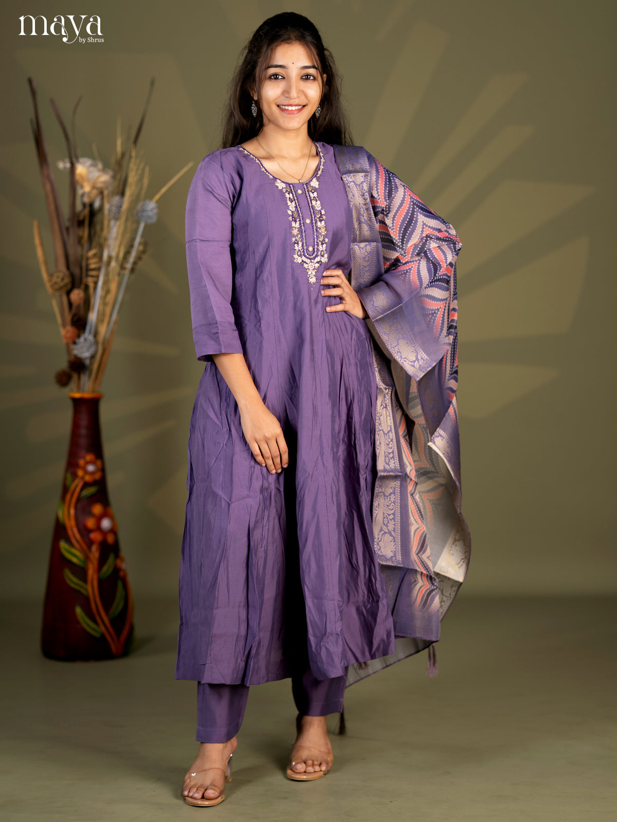 Embroidered Rayon 3Pc Lavender Salwar Suit - Top, Bottom & Dupatta