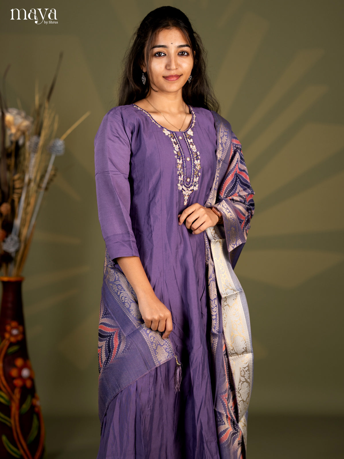 Embroidered Rayon 3Pc Lavender Salwar Suit - Top, Bottom & Dupatta