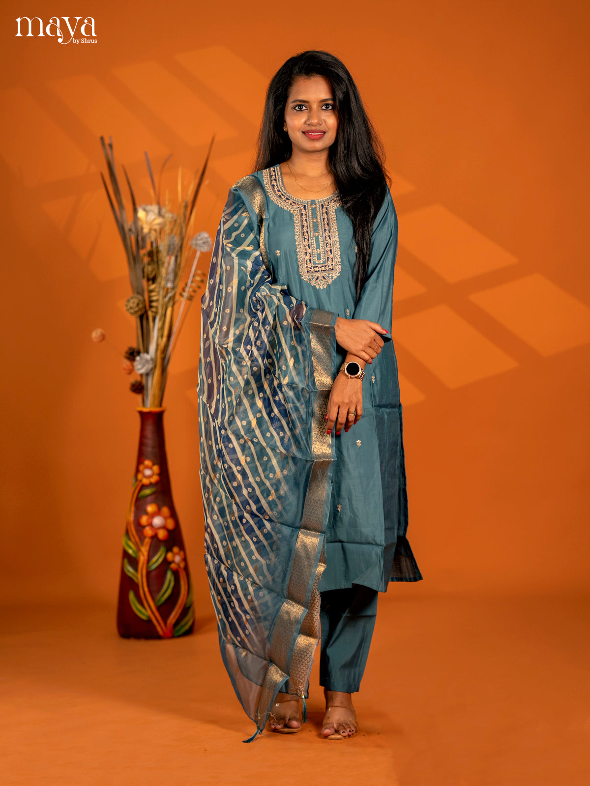 Embroidered Rayon 3pc Teal Blue Salwar Suit - Top, Bottom & Dupatta