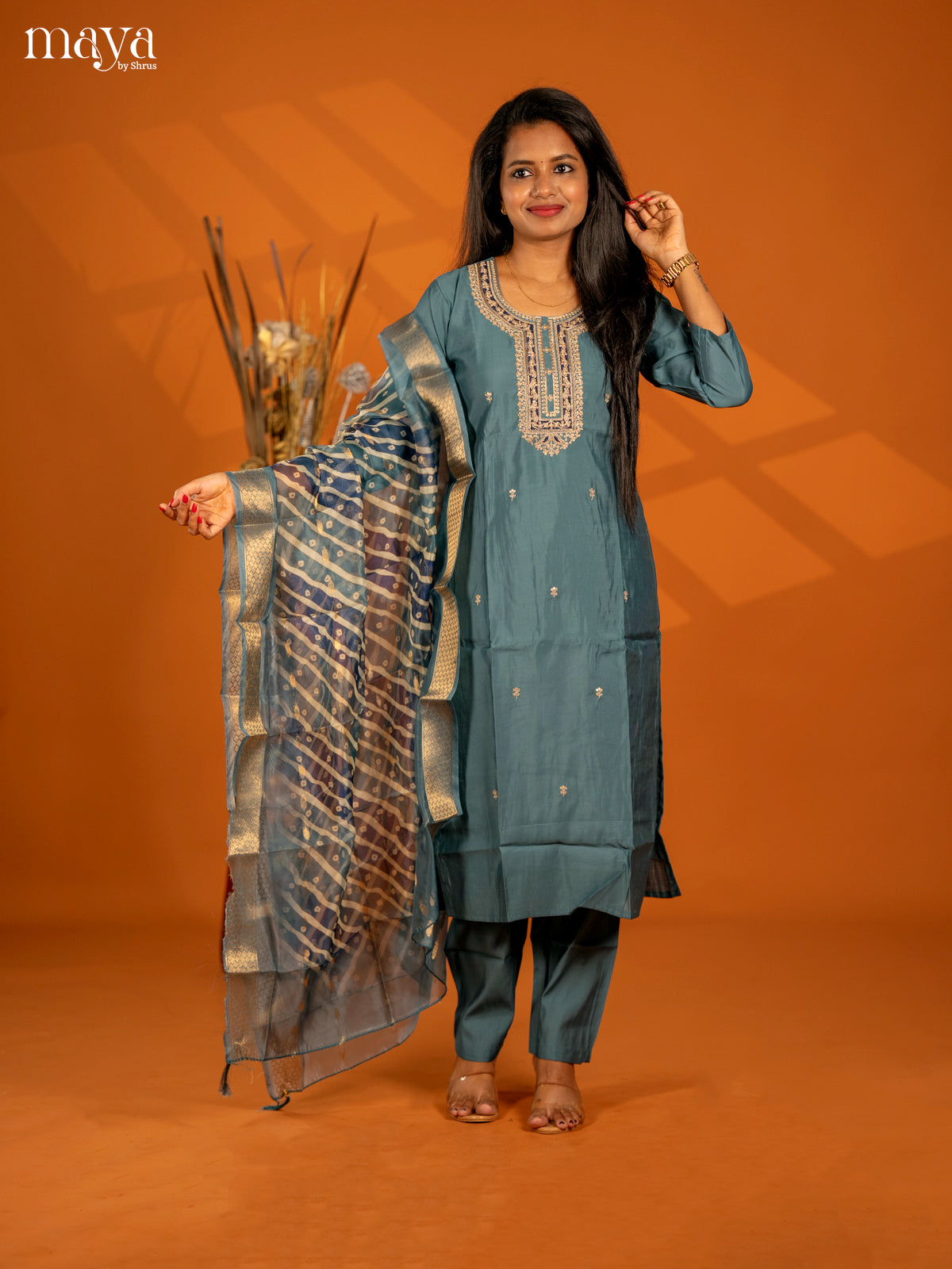 Embroidered Rayon 3pc Teal Blue Salwar Suit - Top, Bottom & Dupatta