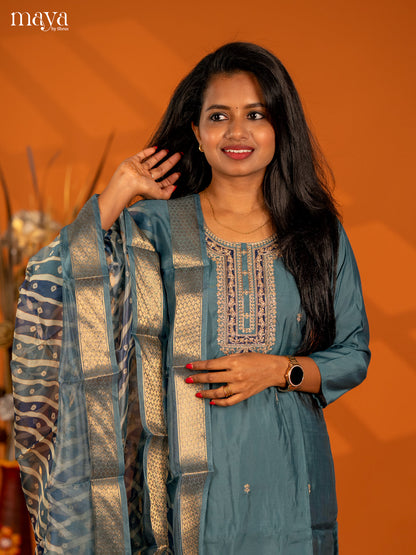 Embroidered Rayon 3pc Teal Blue Salwar Suit - Top, Bottom & Dupatta