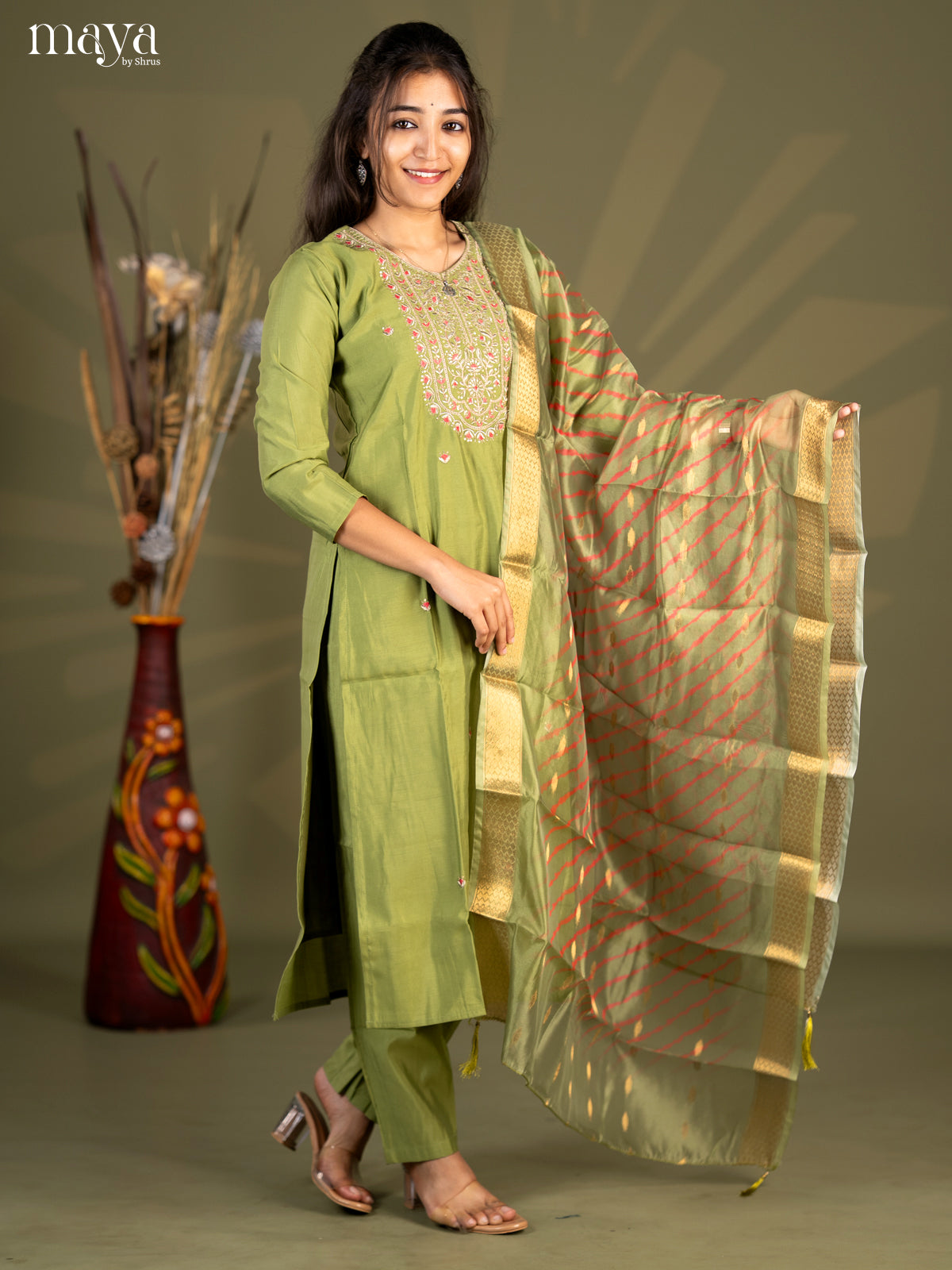 Embroidered Rayon 3pc Light Green Salwar Suit - Top, Bottom & Dupatta