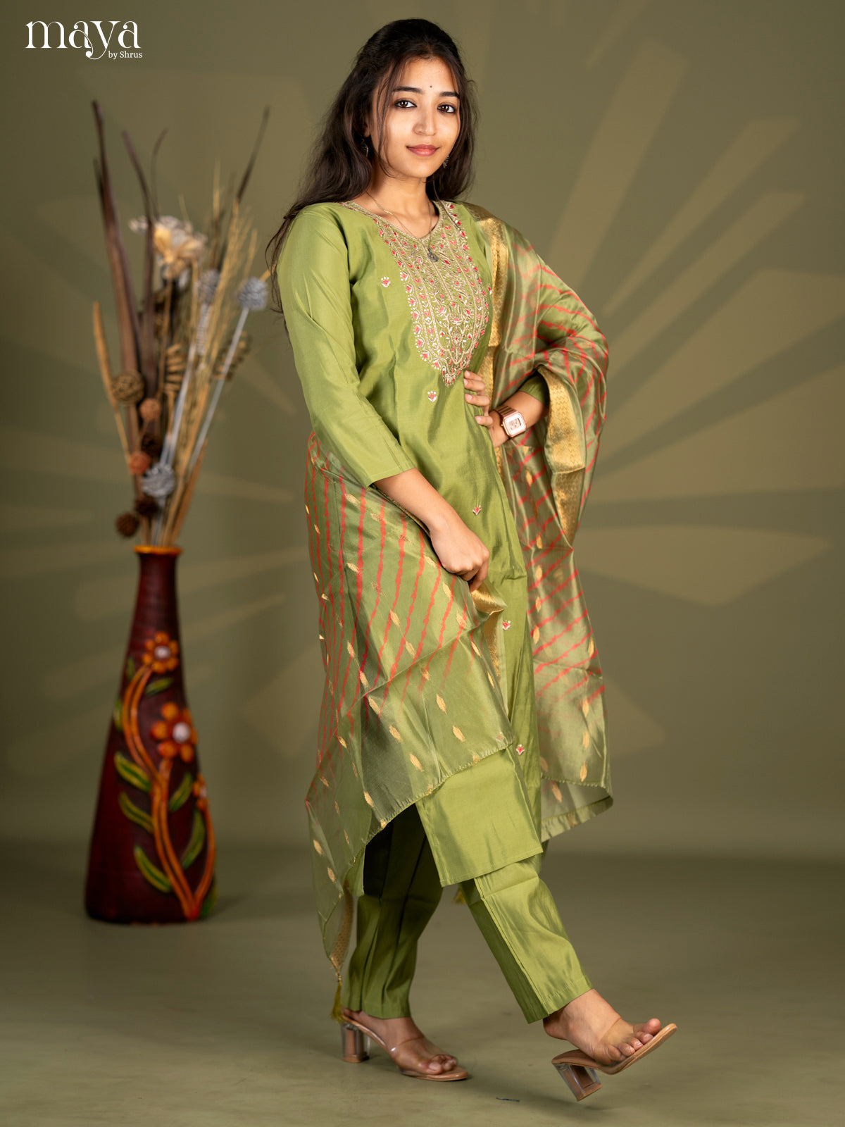 Embroidered Rayon 3pc Light Green Salwar Suit - Top, Bottom & Dupatta
