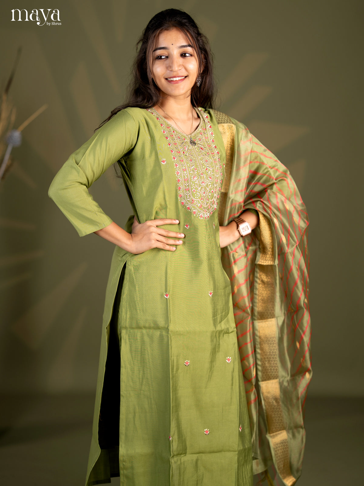 Embroidered Rayon 3pc Light Green Salwar Suit - Top, Bottom & Dupatta