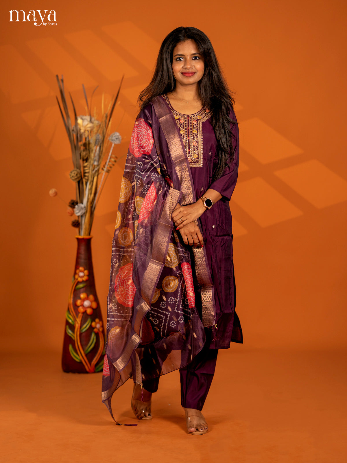 Embroidered Rayon 3pc Dark Purple Salwar Suit - Top, Bottom & Dupatta